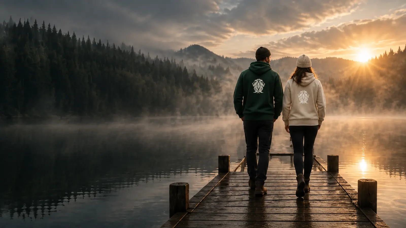 Two people in hoodies walking toward sunrise on a misty mountain lake